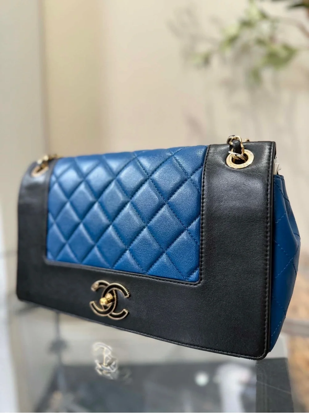 CHANEL Quilted Blue Center Panel Shoulder Bag with Black Trim